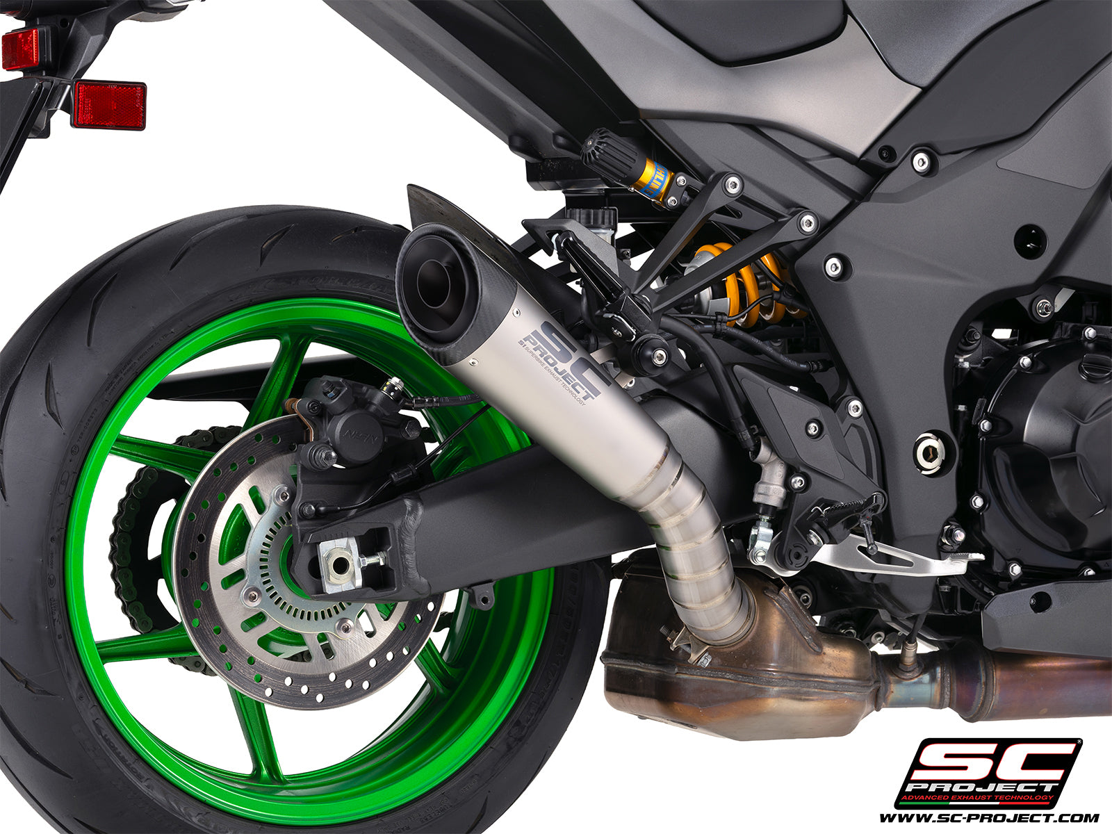 Kawasaki Z1100 with SC-Project S1 titanium exhaust, 3/4 rear view