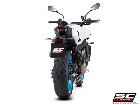 Yamaha MT-09 with SC-Project full exhaust system stainless steel, with CR-T titanium exhaust, with stoneguard grid, 3/4 rear view
