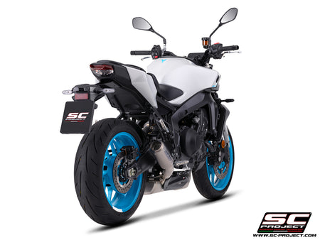 Yamaha MT-09 with SC-Project full exhaust system stainless steel, with CR-T titanium exhaust, with stoneguard grid, 3/4 rear view