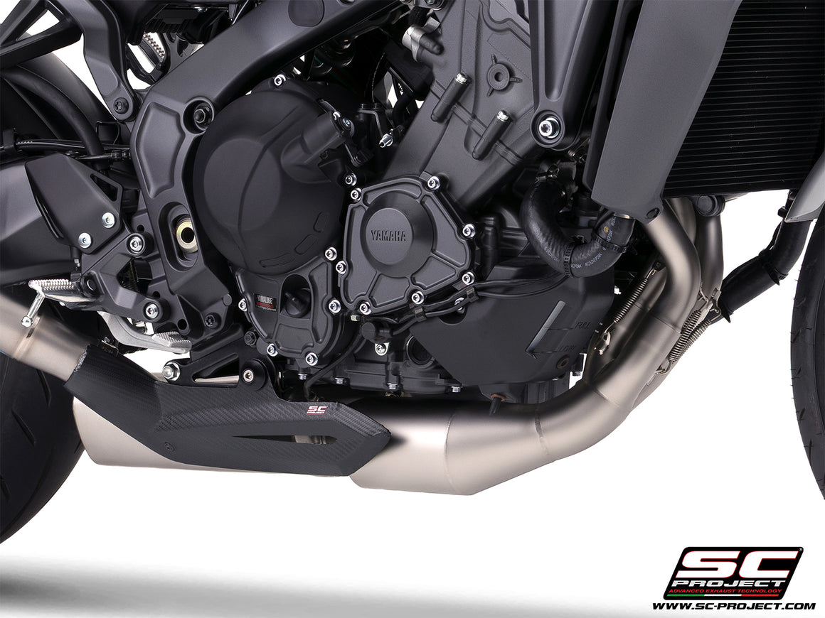 Yamaha MT-09 with SC-Project full exhaust system stainless steel, with CR-T titanium exhaust, with stoneguard grid, 3/4 rear view
