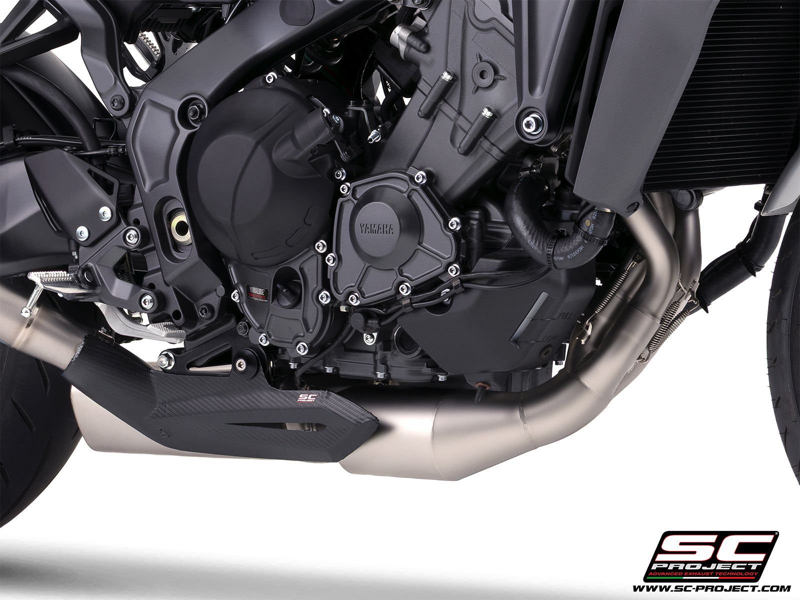 Yamaha MT-09 with SC-Project full exhaust system stainless steel, with CR-T titanium exhaust, with stoneguard grid, 3/4 rear view