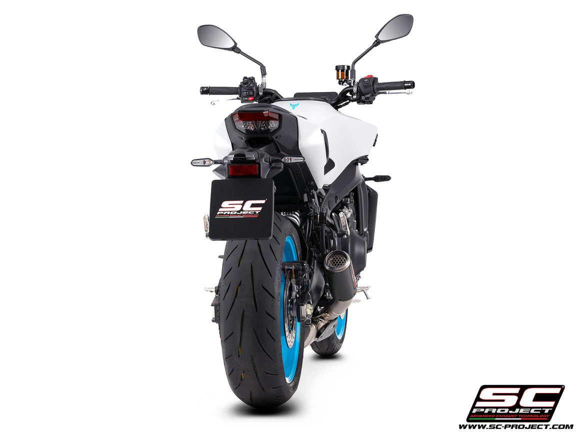 Yamaha MT-09 with SC-Project full exhaust system stainless steel, with CR-T carbon fibre exhaust, with stoneguard grid, 3/4 rear view