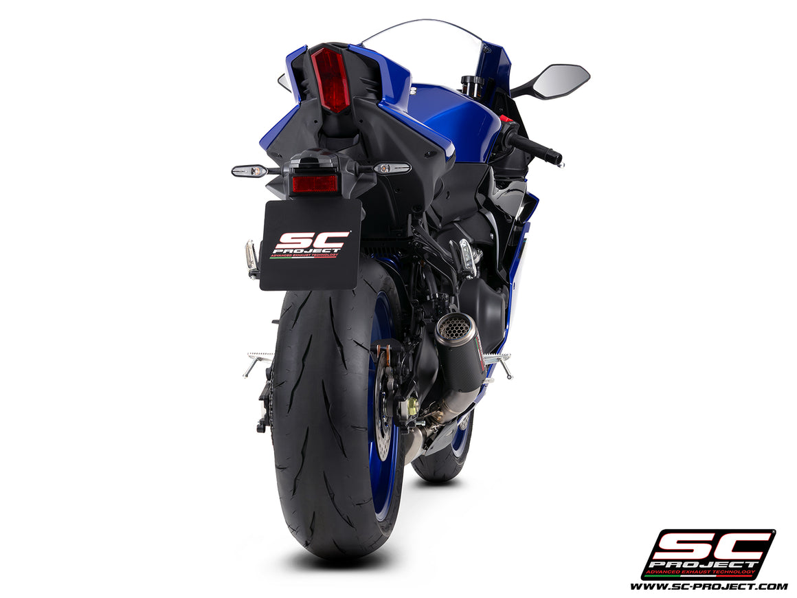 Yamaha R9 with SC-Project full exhaust system stainless steel, with CR-T carbon fibre exhaust, with stoneguard grid, 3/4 rear view