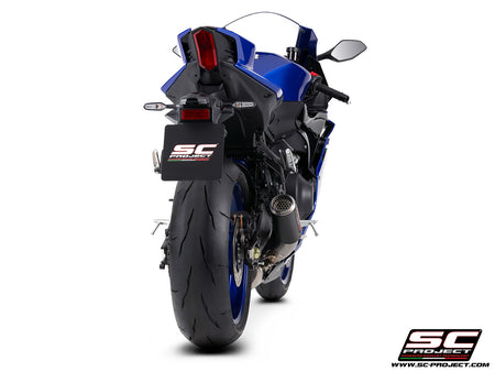 Yamaha R9 with SC-Project full exhaust system stainless steel, with CR-T carbon fibre exhaust, with stoneguard grid, 3/4 rear view