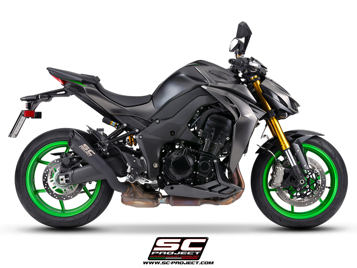 Kawasaki Z1100 with SC-Project S1 titanium matt black exhaust, 3/4 rear view	