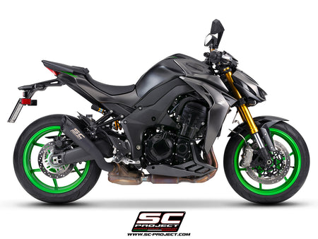 Kawasaki Z1100 with SC-Project S1 titanium matt black exhaust, 3/4 rear view	