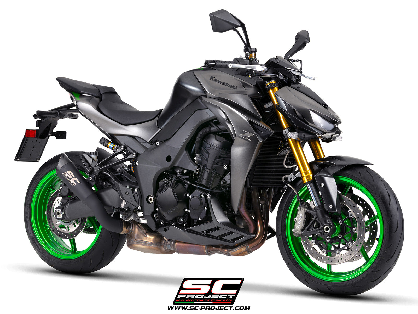 Kawasaki Z1100 with SC-Project S1 titanium matt black exhaust, 3/4 rear view	