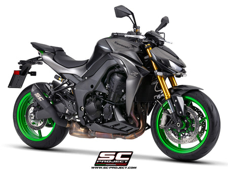 Kawasaki Z1100 with SC-Project S1 titanium matt black exhaust, 3/4 rear view	