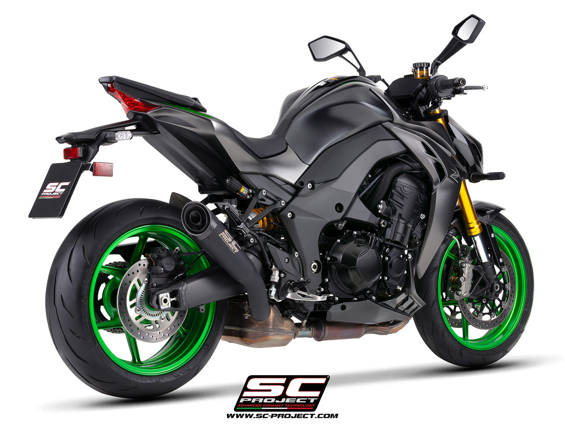 Kawasaki Z1100 with SC-Project S1 titanium matt black exhaust, 3/4 rear view	