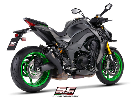 Kawasaki Z1100 with SC-Project S1 titanium matt black exhaust, 3/4 rear view	