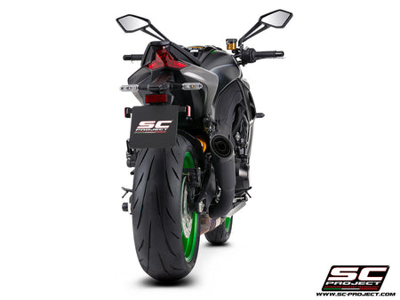 Kawasaki Z1100 with SC-Project S1 titanium matt black exhaust, 3/4 rear view	