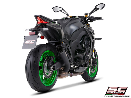 Kawasaki Z1100 with SC-Project S1 titanium matt black exhaust, 3/4 rear view	