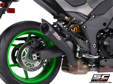 Kawasaki Z1100 with SC-Project S1 titanium matt black exhaust, 3/4 rear view	
