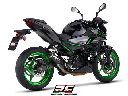 Kawasaki Z500 with SC-Project CR-T carbon fibre exhaust, with stoneguard grid, 3/4 rear view