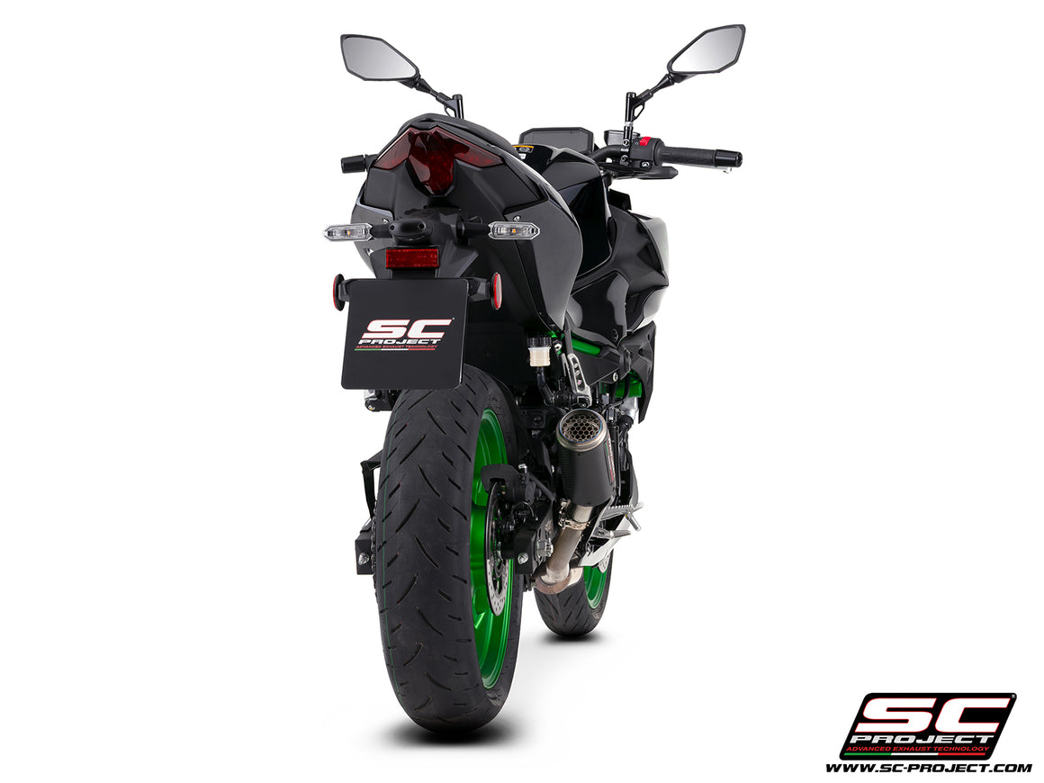 Kawasaki Z500 with SC-Project CR-T carbon fibre exhaust, with stoneguard grid, 3/4 rear view