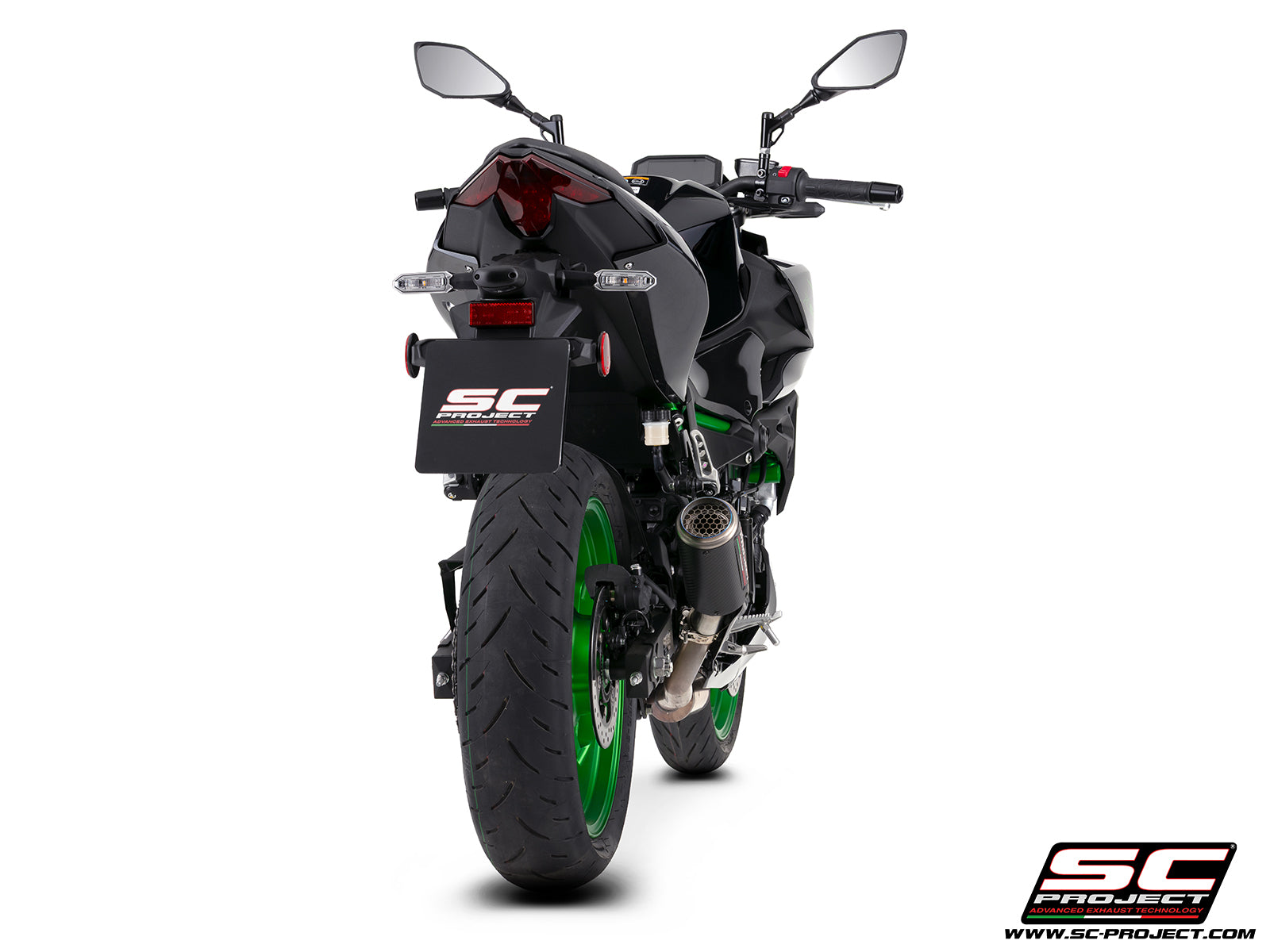Kawasaki Z500 with SC-Project CR-T carbon fibre exhaust, with stoneguard grid, 3/4 rear view