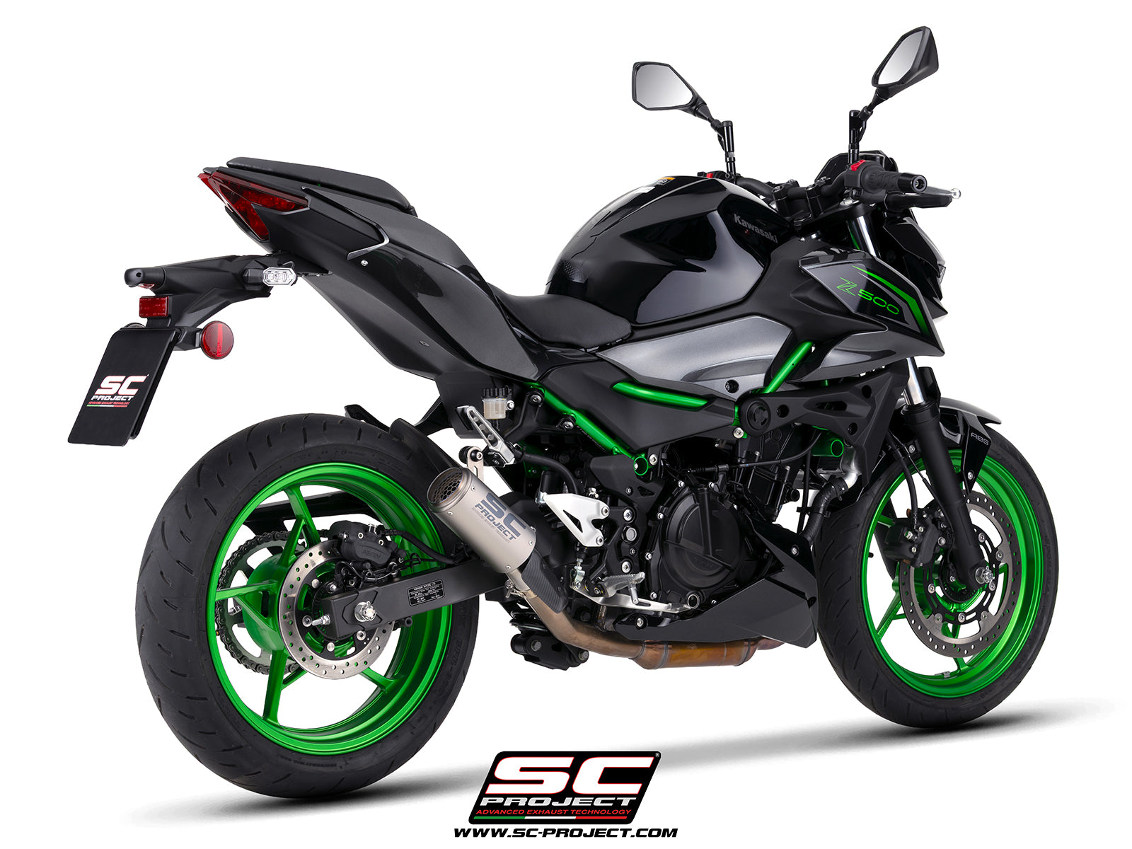 Kawasaki Z500 with SC-Project CR-T titanium exhaust, with stoneguard grid, 3/4 rear view