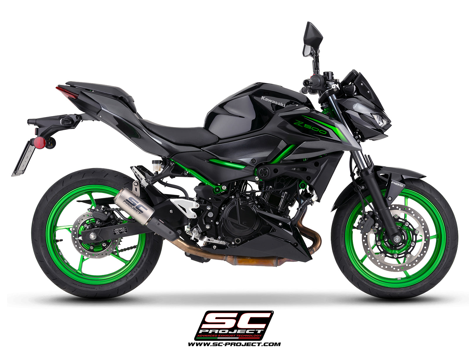 Kawasaki Z500 with SC-Project CR-T titanium exhaust, with stoneguard grid, 3/4 rear view