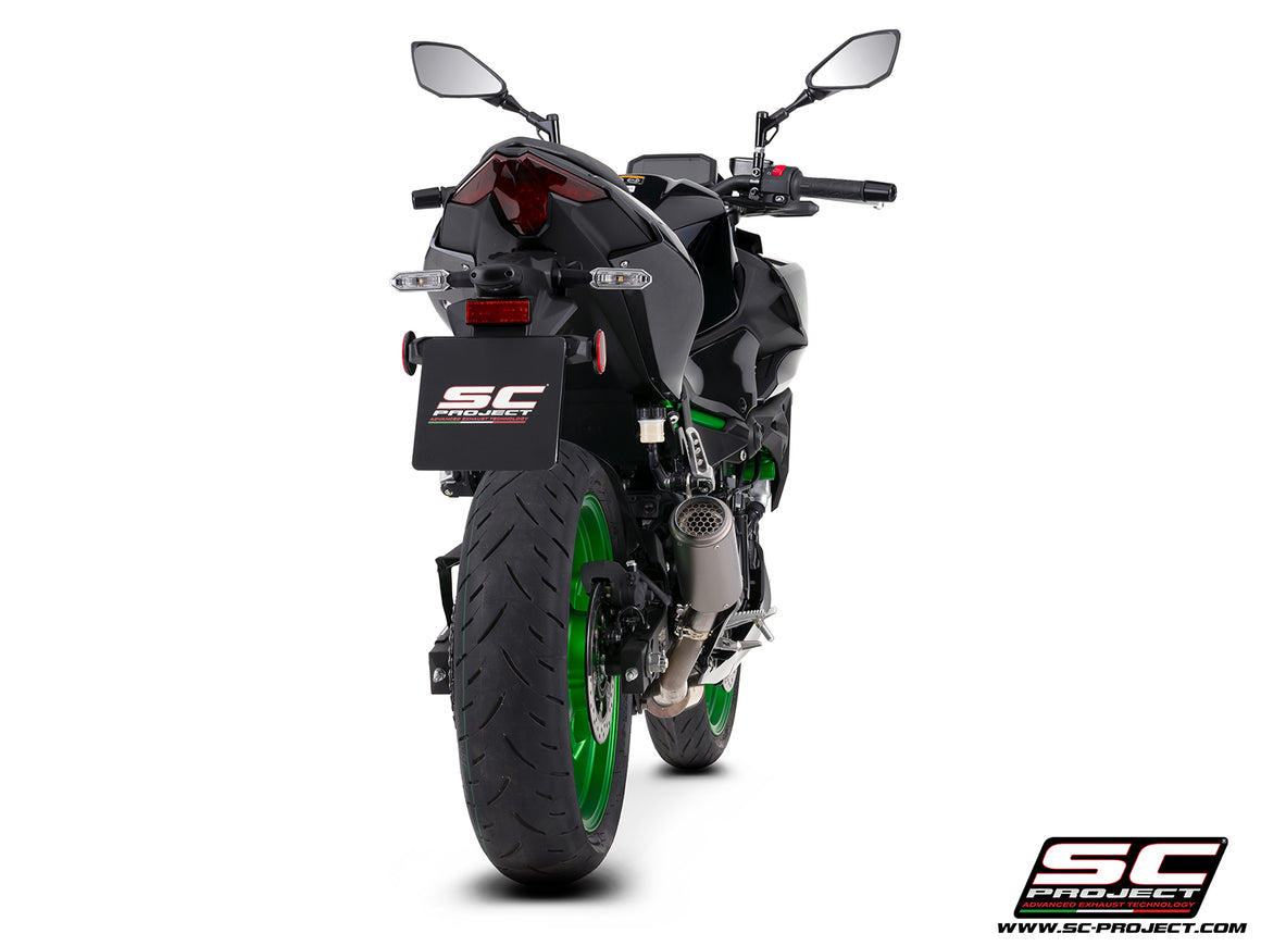 Kawasaki Z500 with SC-Project CR-T titanium exhaust, with stoneguard grid, 3/4 rear view