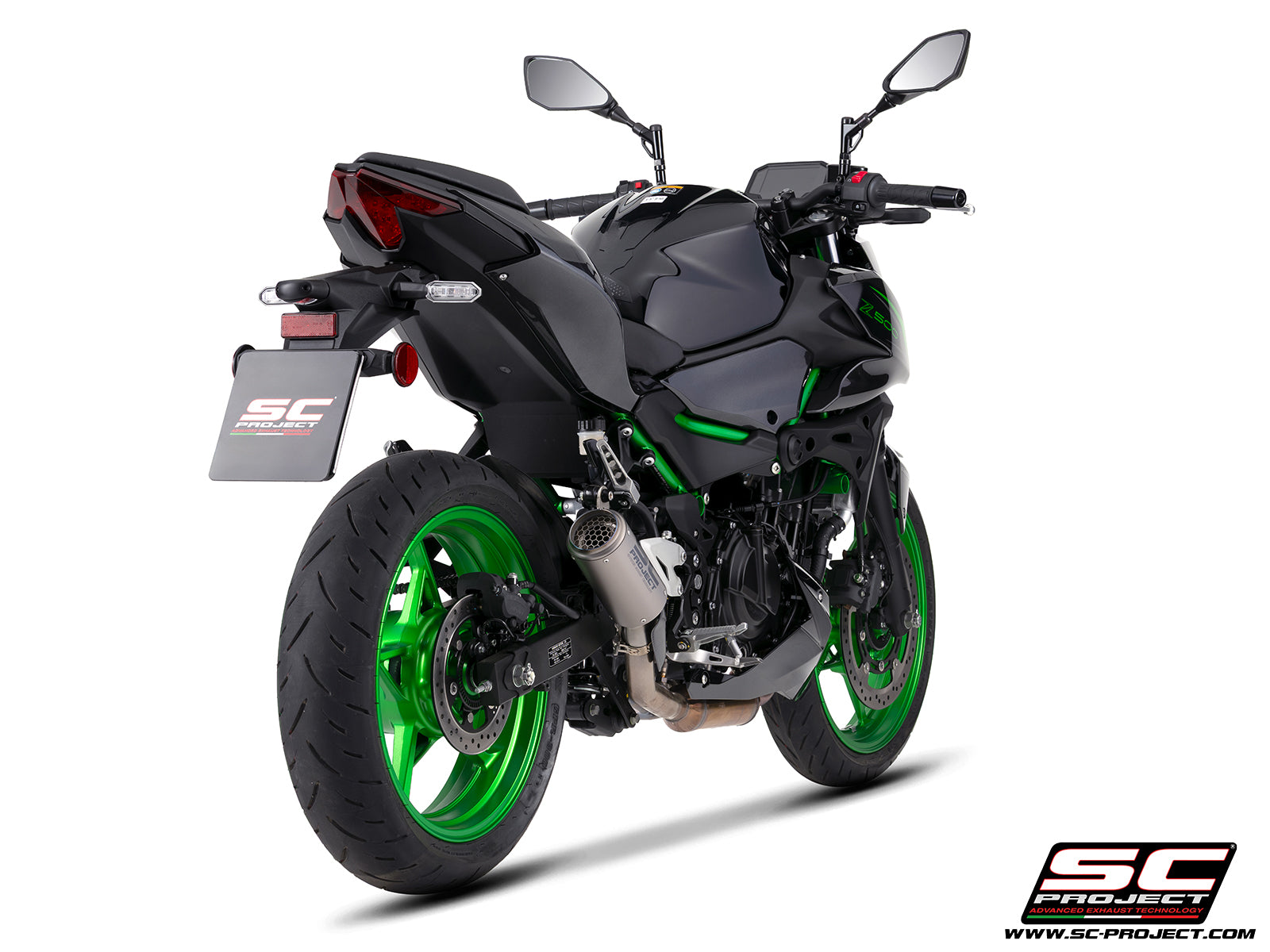 Kawasaki Z500 with SC-Project CR-T titanium exhaust, with stoneguard grid, 3/4 rear view