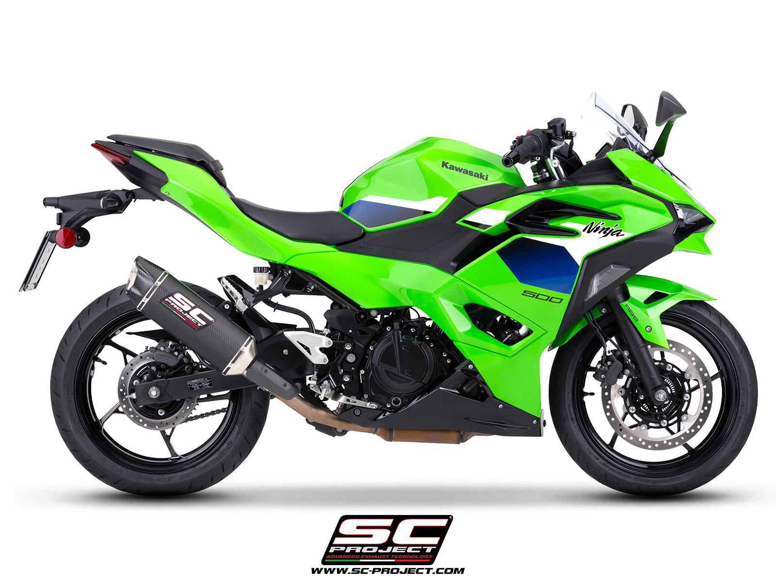 Kawasaki Ninja 500 with SC-Project SC1-X carbon fibre exhaust, 3/4 rear view