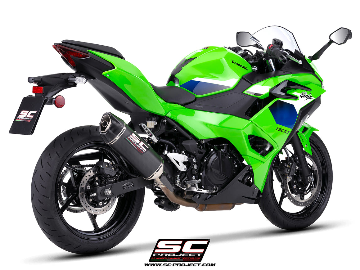 Kawasaki Ninja 500 with SC-Project SC1-X carbon fibre exhaust, 3/4 rear view