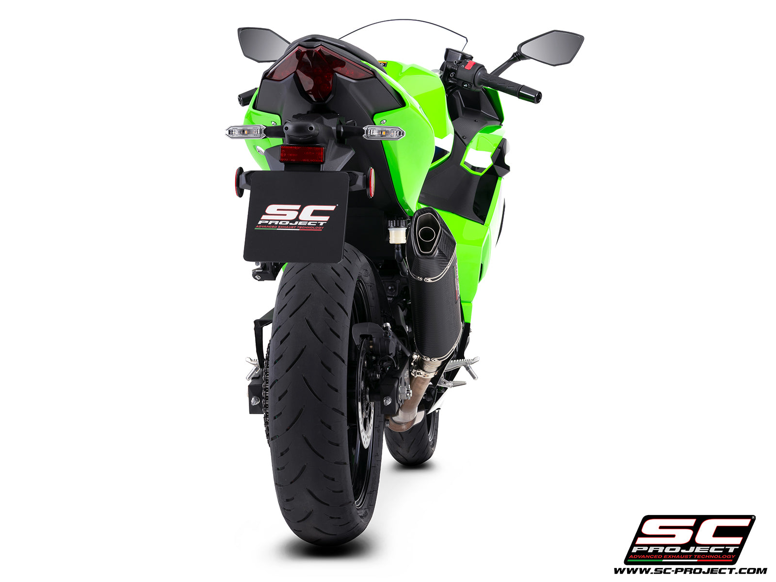 Kawasaki Ninja 500 with SC-Project SC1-X carbon fibre exhaust, 3/4 rear view