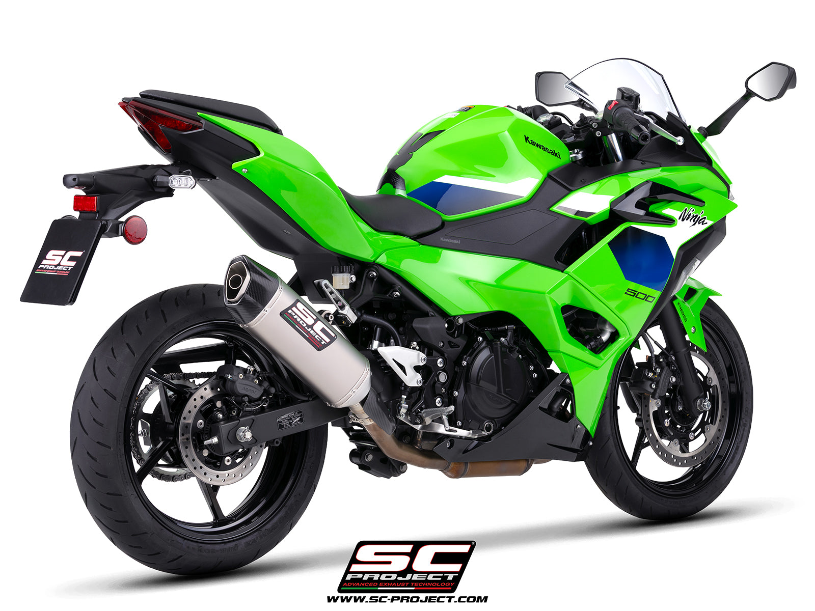Kawasaki Ninja 500 with SC-Project SC1-X titanium exhaust, 3/4 rear view