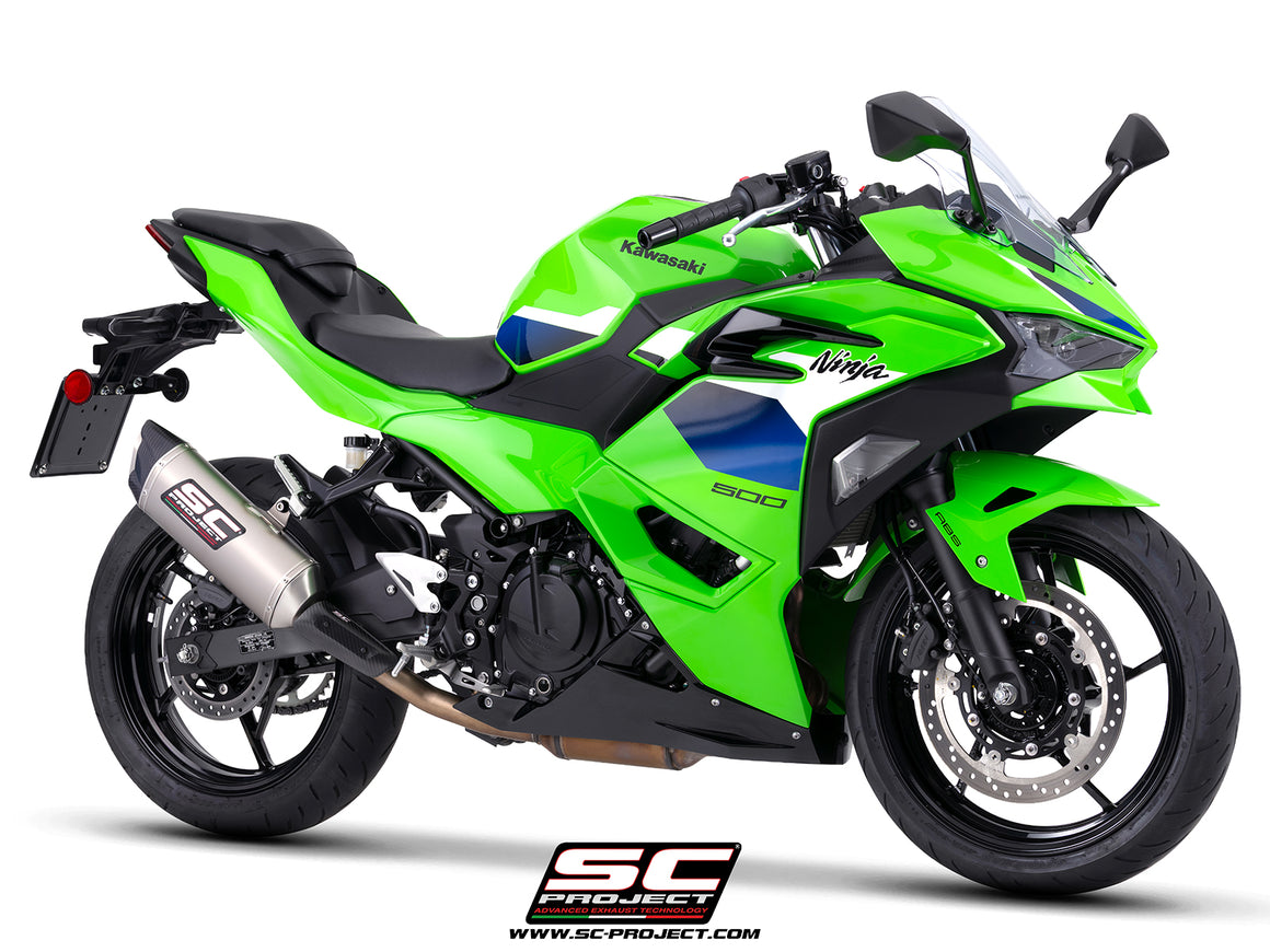Kawasaki Ninja 500 with SC-Project SC1-X titanium exhaust, 3/4 rear view