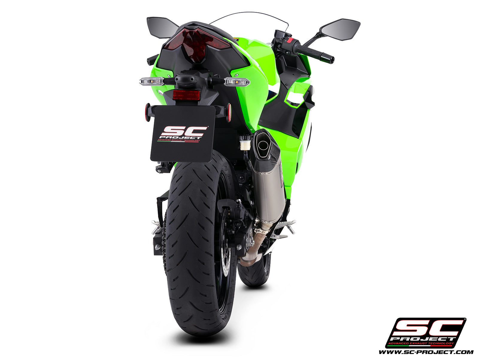 Kawasaki Ninja 500 with SC-Project SC1-X titanium exhaust, 3/4 rear view