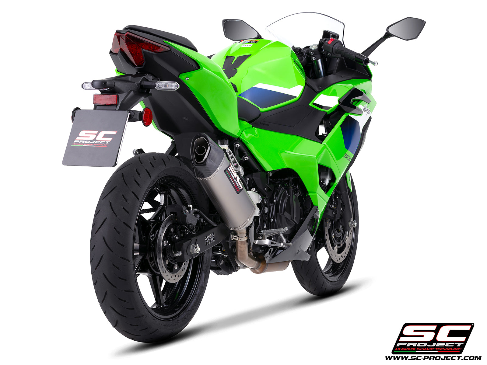 Kawasaki Ninja 500 with SC-Project SC1-X titanium exhaust, 3/4 rear view