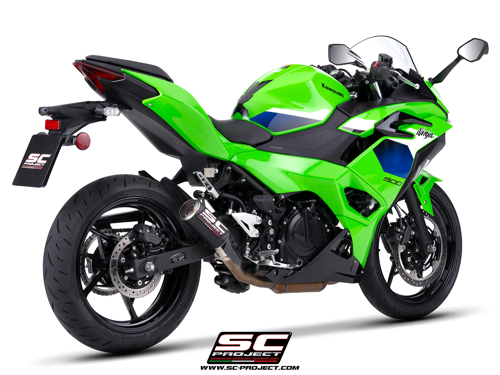 Kawasaki Ninja 500 with SC-Project CR-T carbon fibre exhaust, with stoneguard grid, 3/4 rear view