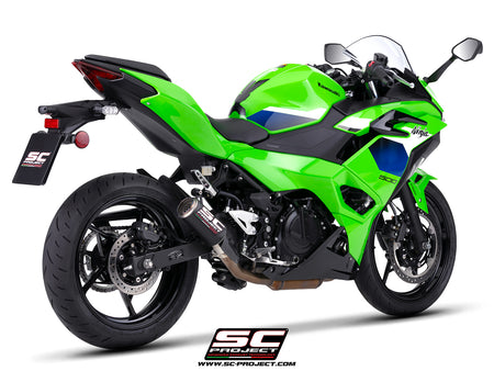 Kawasaki Ninja 500 with SC-Project CR-T carbon fibre exhaust, with stoneguard grid, 3/4 rear view