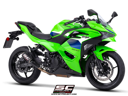 Kawasaki Ninja 500 with SC-Project CR-T carbon fibre exhaust, with stoneguard grid, 3/4 rear view