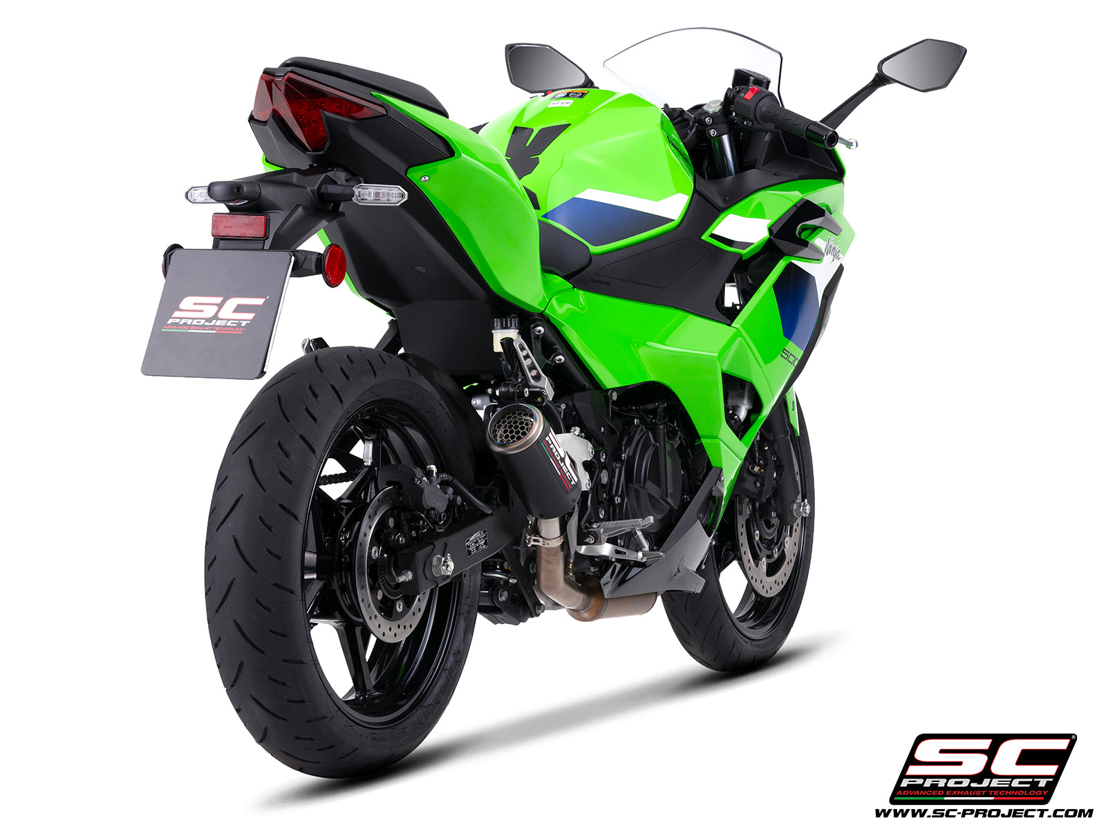 Kawasaki Ninja 500 with SC-Project CR-T carbon fibre exhaust, with stoneguard grid, 3/4 rear view