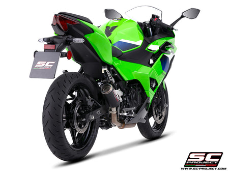Kawasaki Ninja 500 with SC-Project CR-T carbon fibre exhaust, with stoneguard grid, 3/4 rear view