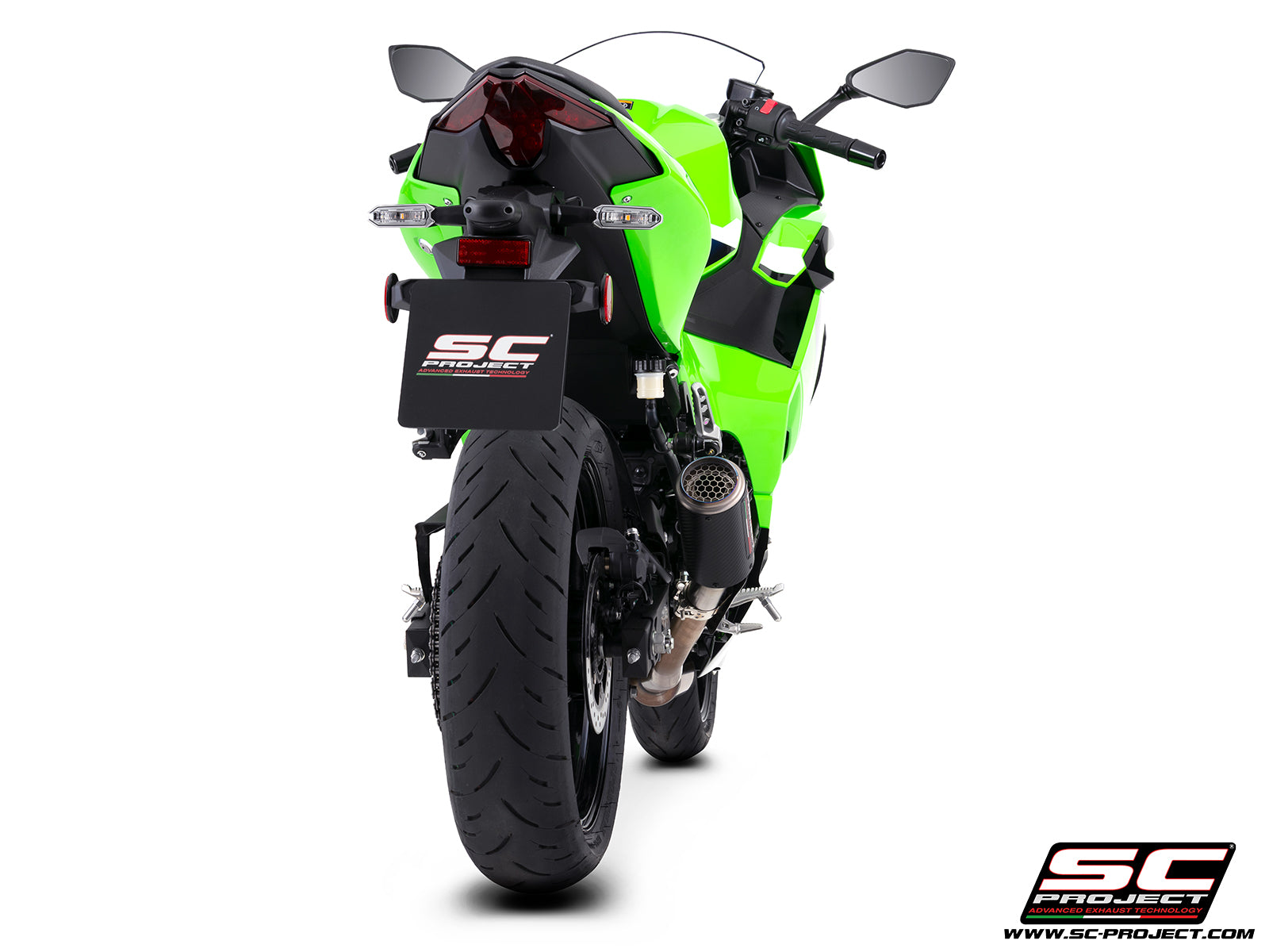 Kawasaki Ninja 500 with SC-Project CR-T carbon fibre exhaust, with stoneguard grid, 3/4 rear view
