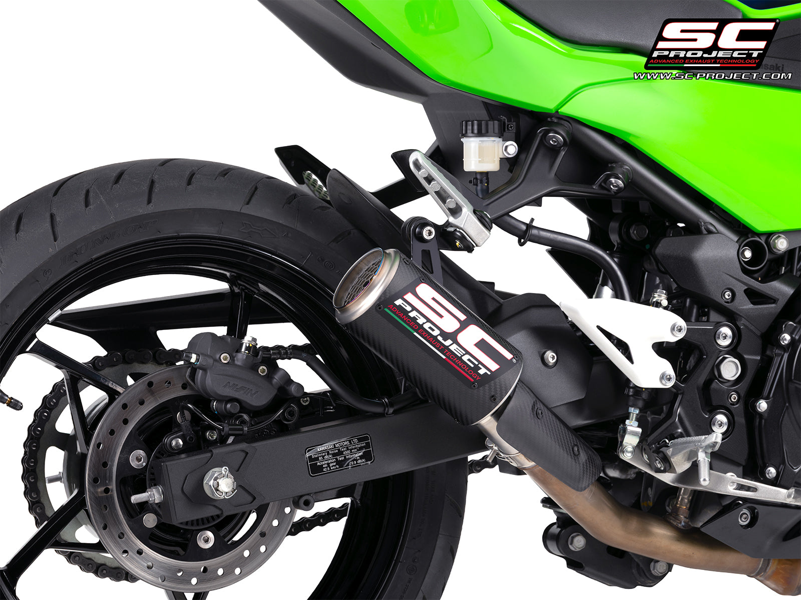 Kawasaki Ninja 500 with SC-Project CR-T carbon fibre exhaust, with stoneguard grid, 3/4 rear view