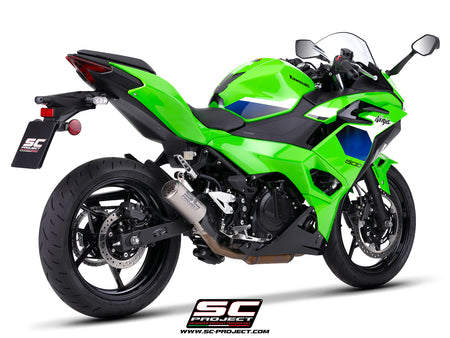 Kawasaki Ninja 500 with SC-Project CR-T titanium exhaust, with stoneguard grid, 3/4 rear view