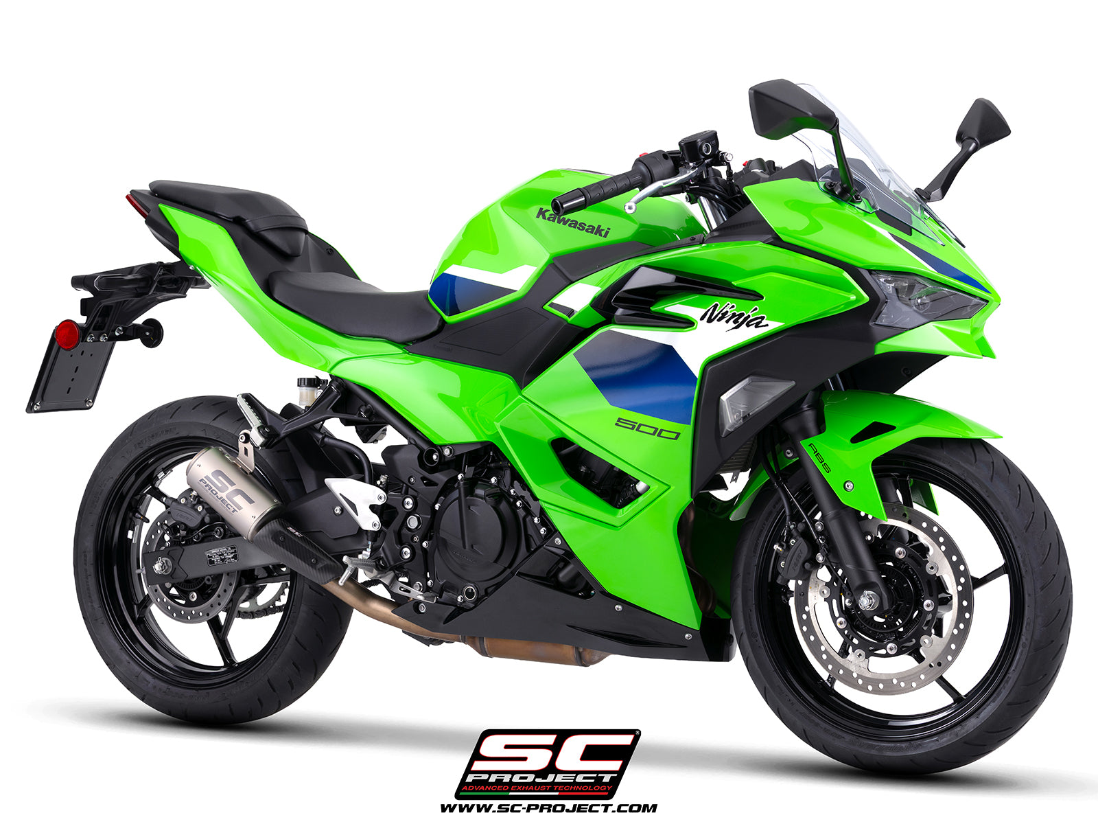 Kawasaki Ninja 500 with SC-Project CR-T titanium exhaust, with stoneguard grid, 3/4 rear view