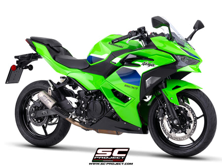 Kawasaki Ninja 500 with SC-Project CR-T titanium exhaust, with stoneguard grid, 3/4 rear view