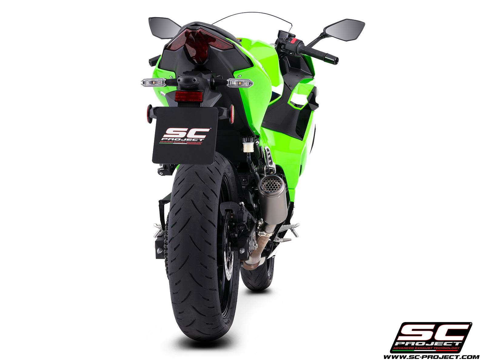 Kawasaki Ninja 500 with SC-Project CR-T titanium exhaust, with stoneguard grid, 3/4 rear view