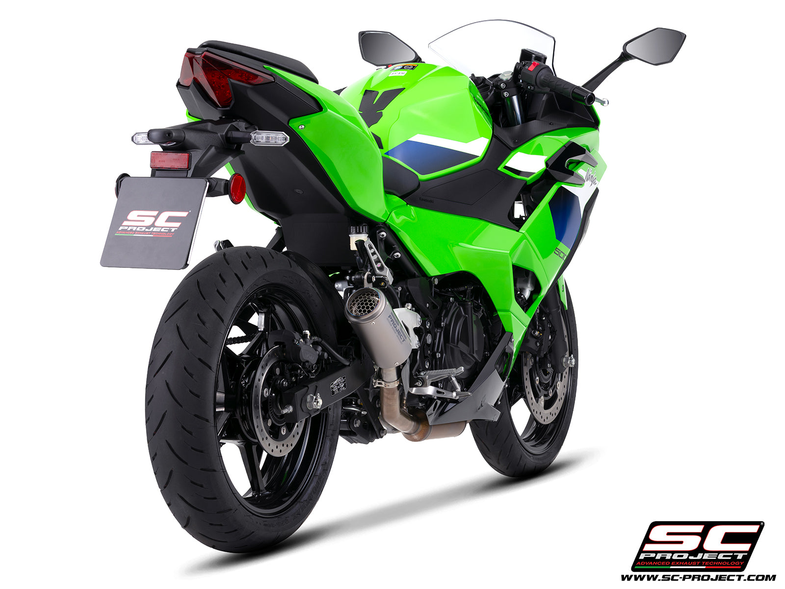 Kawasaki Ninja 500 with SC-Project CR-T titanium exhaust, with stoneguard grid, 3/4 rear view