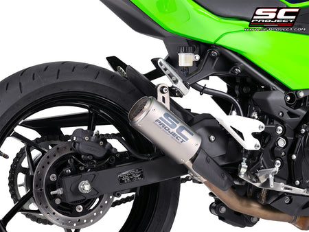 Kawasaki Ninja 500 with SC-Project CR-T titanium exhaust, with stoneguard grid, 3/4 rear view
