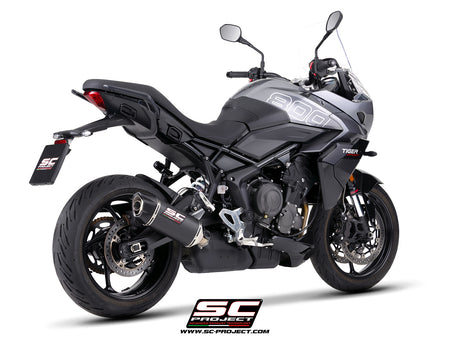 Triumph Tiger Sport 800 with SC-Project SC1-X carbon fibre exhaust, 3/4 rear view