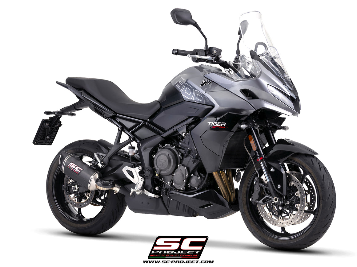 Triumph Tiger Sport 800 with SC-Project SC1-X carbon fibre exhaust, 3/4 rear view