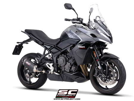 Triumph Tiger Sport 800 with SC-Project SC1-X carbon fibre exhaust, 3/4 rear view