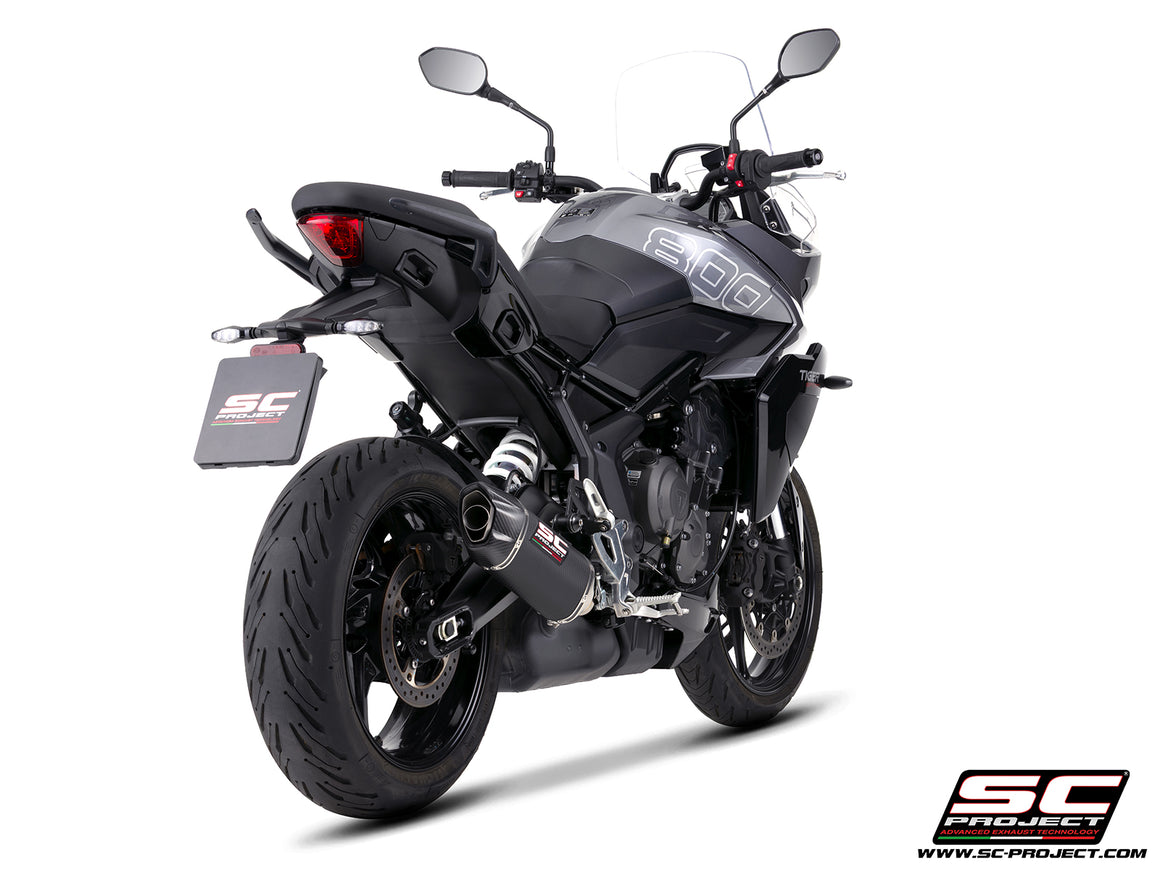 Triumph Tiger Sport 800 with SC-Project SC1-X carbon fibre exhaust, 3/4 rear view