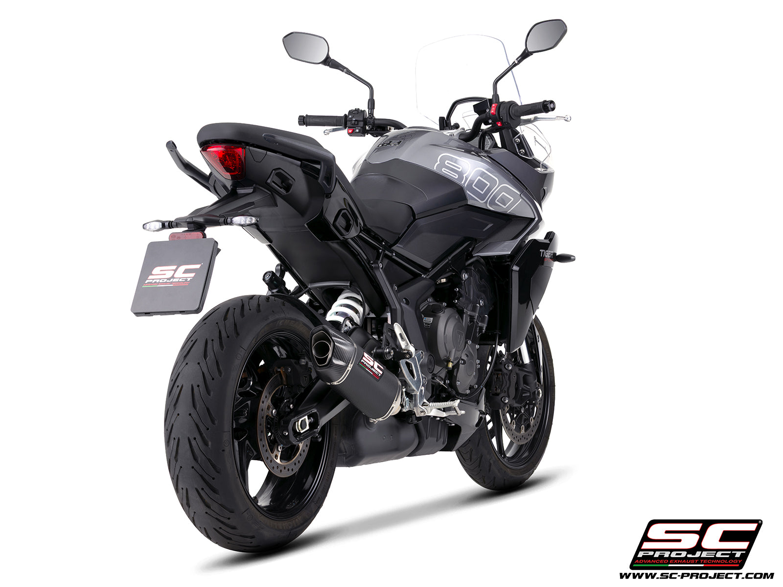 Triumph Tiger Sport 800 with SC-Project SC1-X carbon fibre exhaust, 3/4 rear view