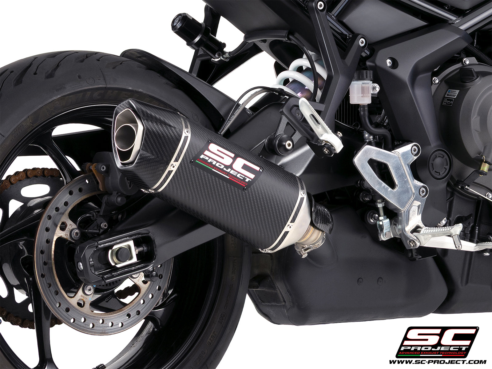 Triumph Tiger Sport 800 with SC-Project SC1-X carbon fibre exhaust, 3/4 rear view